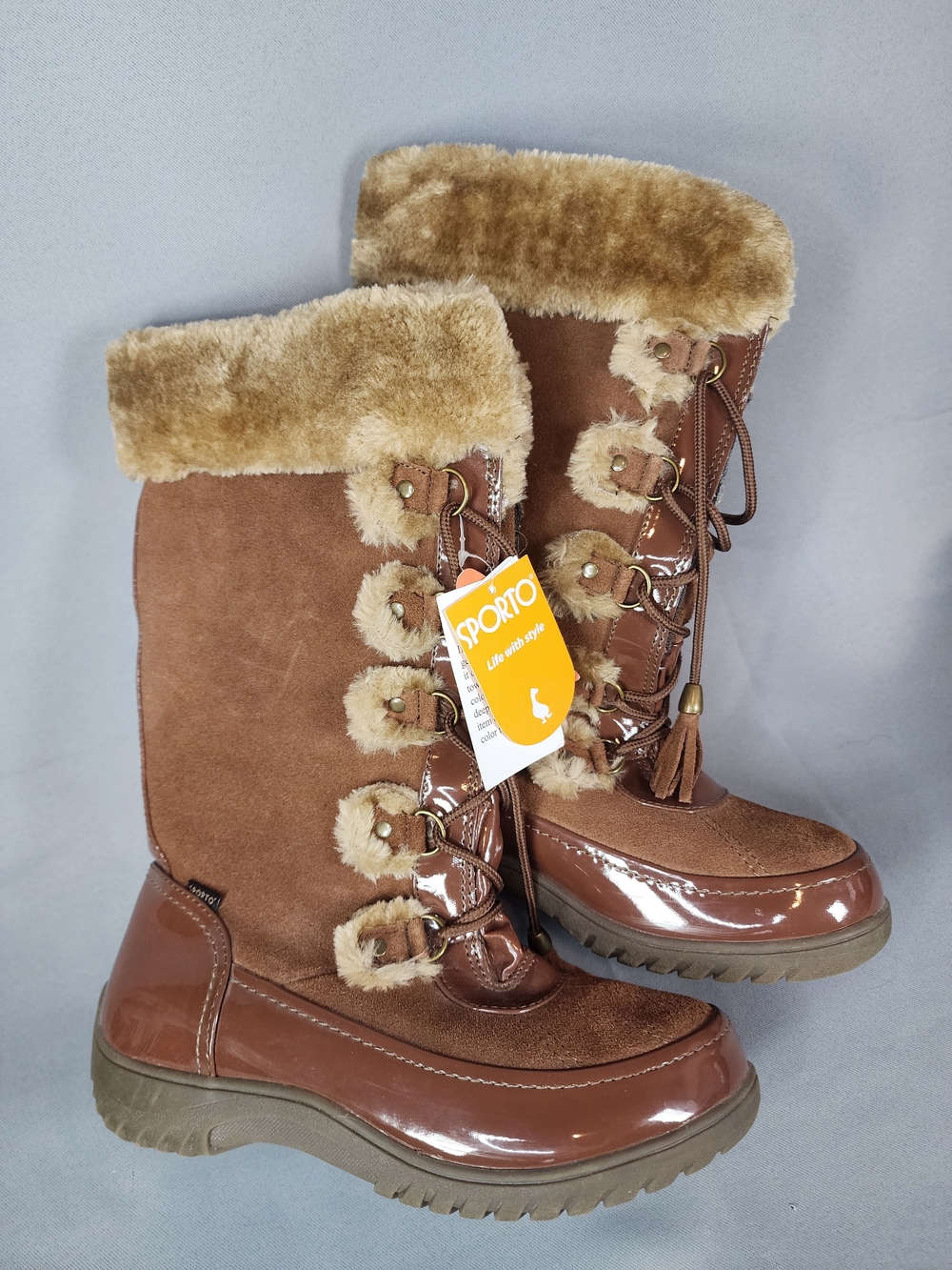 Sporto Chestnut Brown Faux-Fur Lace-Up Winter Rain Boots